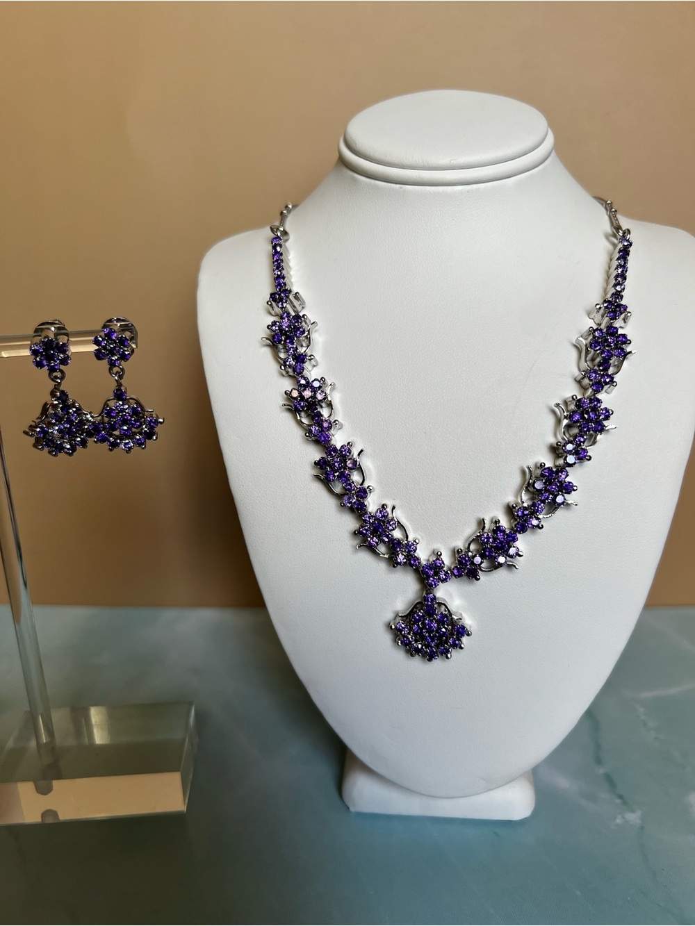 Elegant Purple Crystal Necklace and Earring Set - Women Jewelry